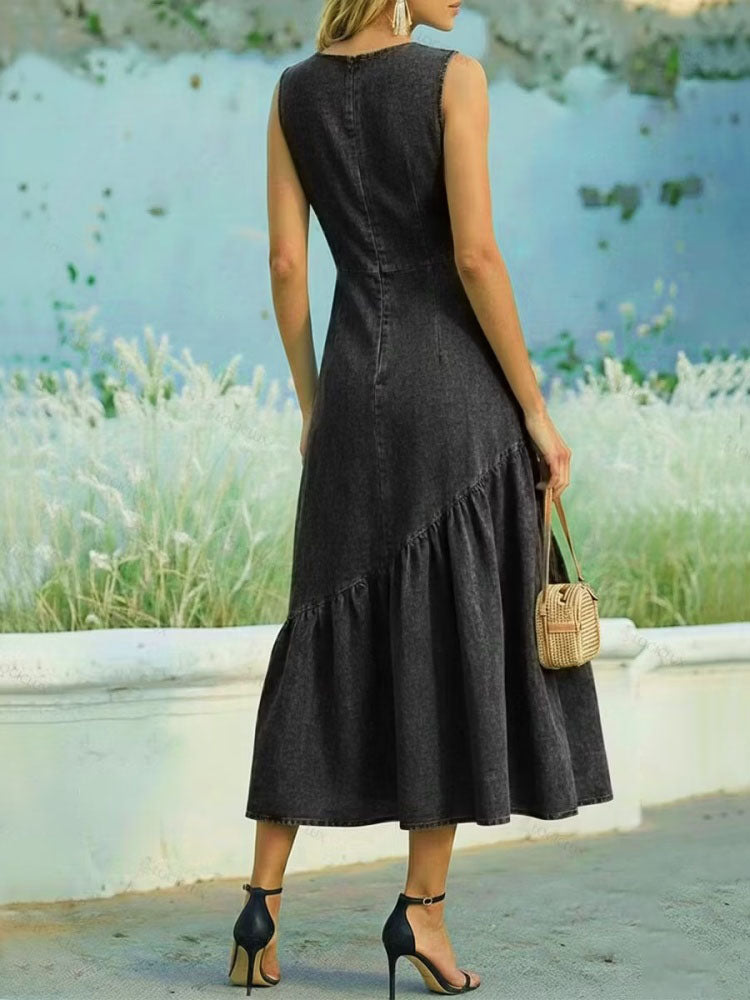 Sleeveless Irregular Ruffle Denim Dress