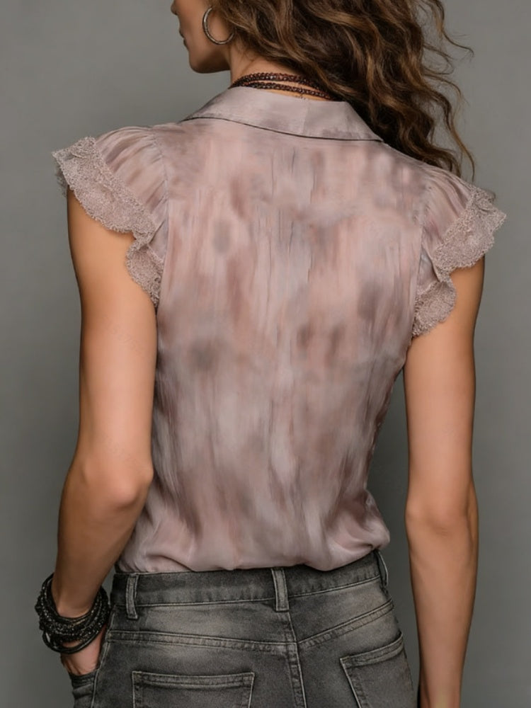 Satin Lace Trim Button-Up Blouse - Floral Print Ruffle Sleeve Shirt