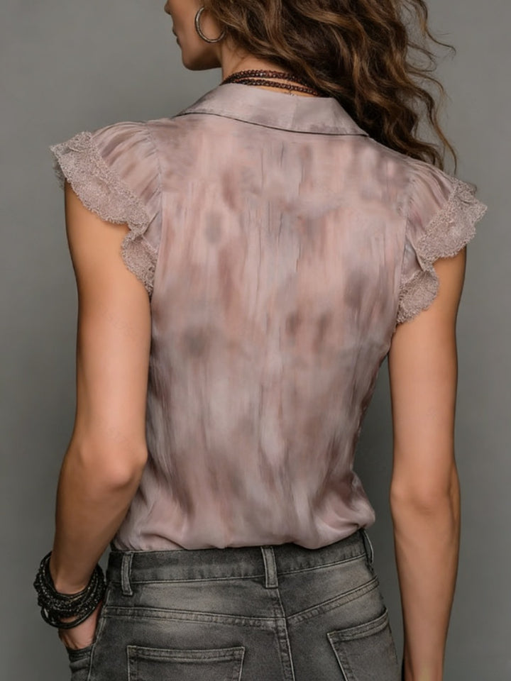 Satin Lace Trim Button-Up Blouse - Floral Print Ruffle Sleeve Shirt