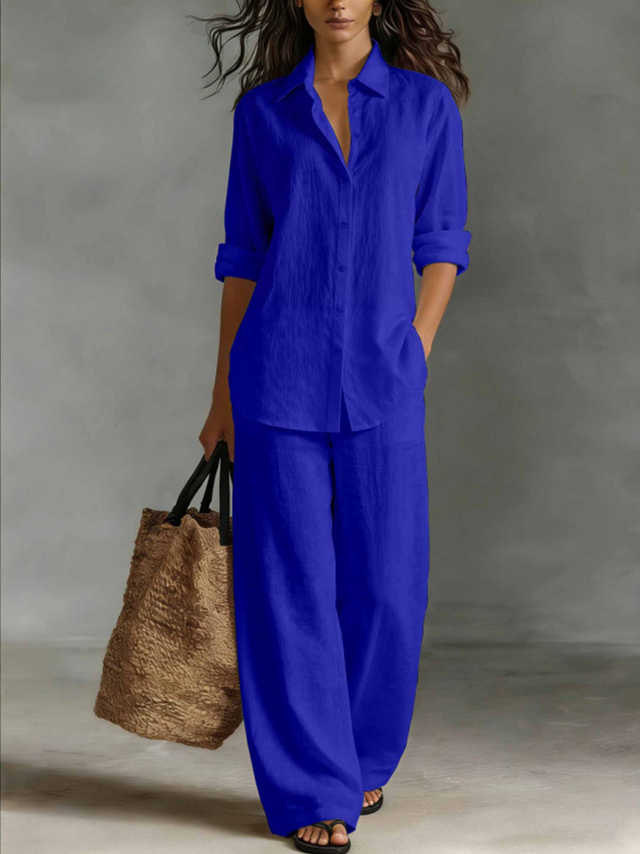 Women Linen Shirt Wide Leg Pants Vacation Two Piece Set