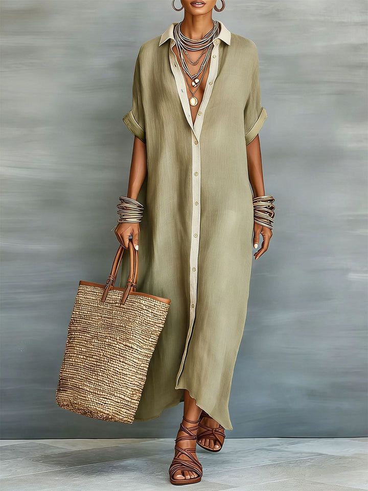 Color-blocked loose-fitting cotton and linen long shirt dress