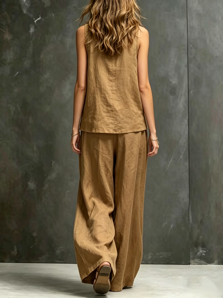 Sleeveless vest, wide-leg pants, cotton and linen two-piece set
