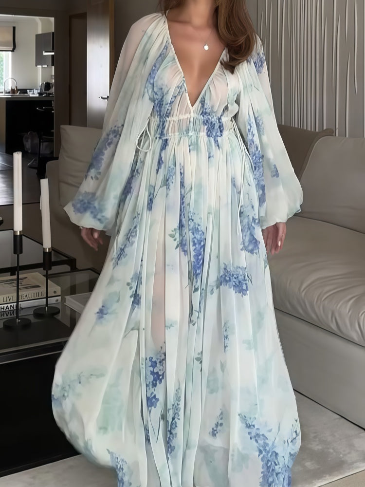 Floral Print Chiffon Balloon Sleeve Maxi Dress