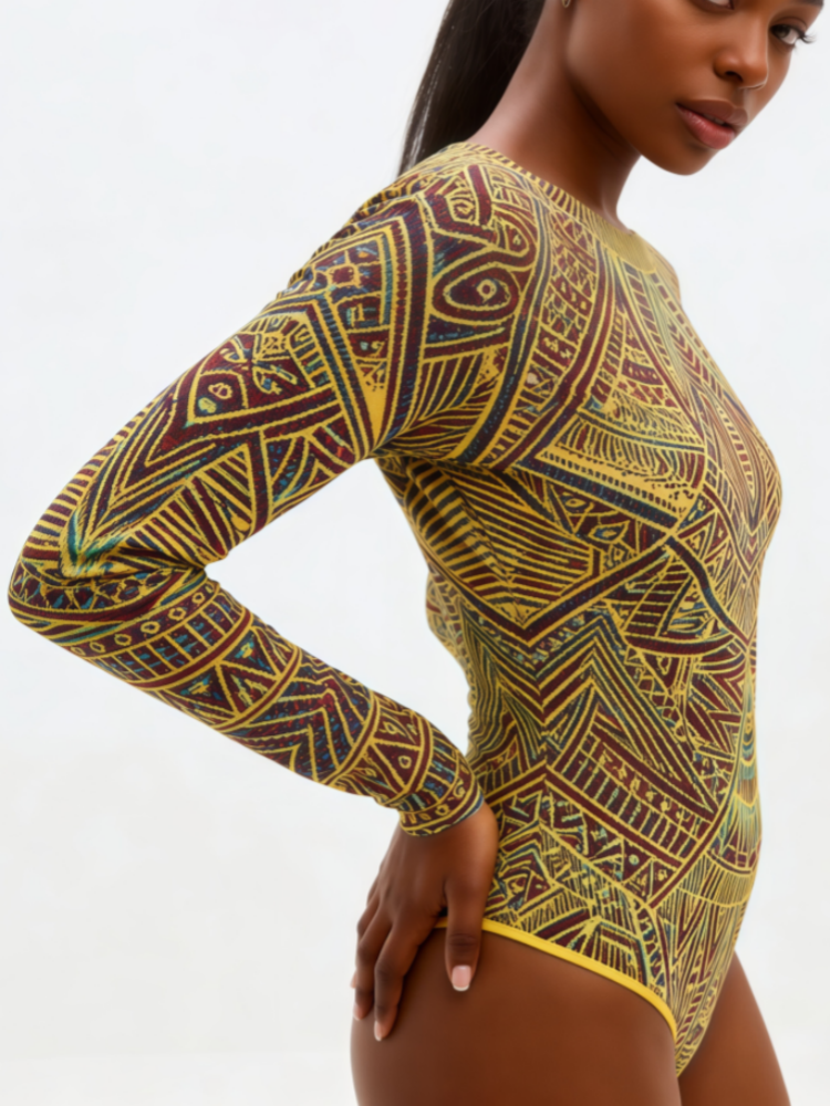 Tattoo Print One-Piece Swimsuit – Long Sleeve Sexy Bodysuit Swimwear