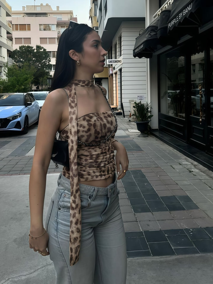 Leopard Print Halter Ruched Crop Top