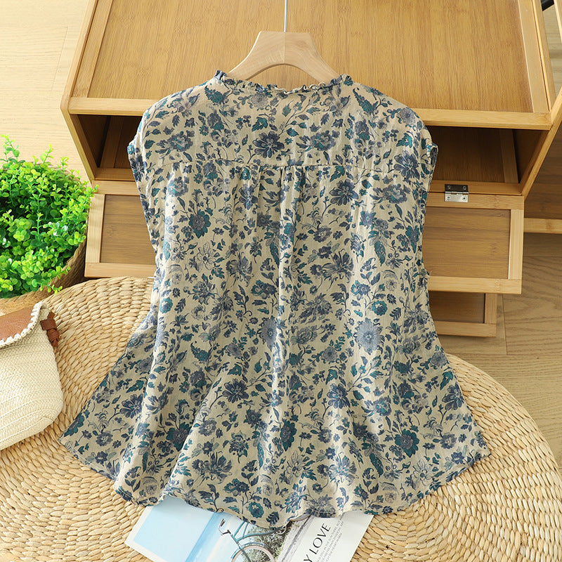 Ruffle Neck Tie Front Floral Linen Blend Sleeveless Blouse