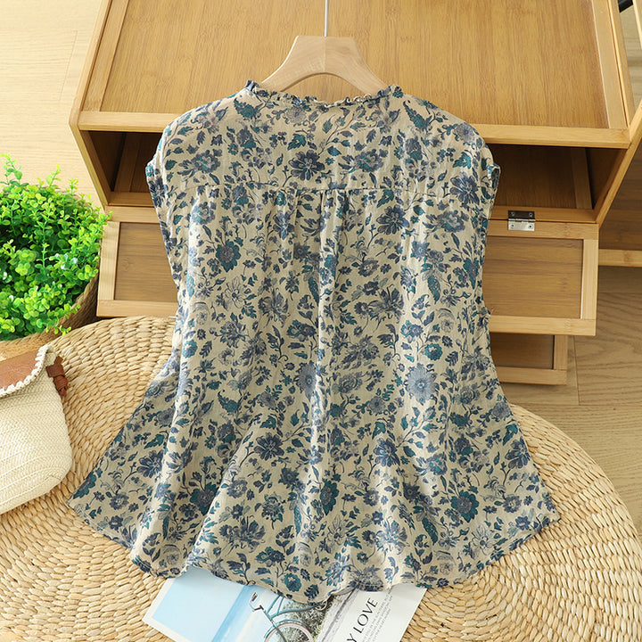 Ruffle Neck Tie Front Floral Linen Blend Sleeveless Blouse
