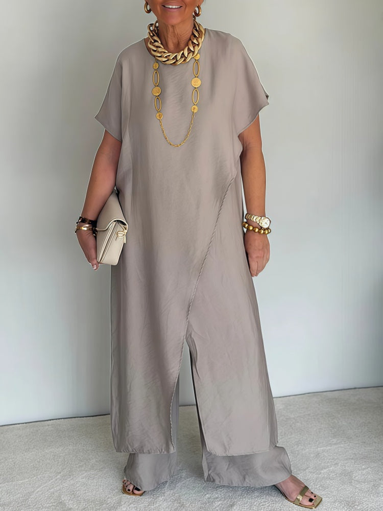 Two-piece set: loose-fitting, slit-front, belted top and wide-leg pants