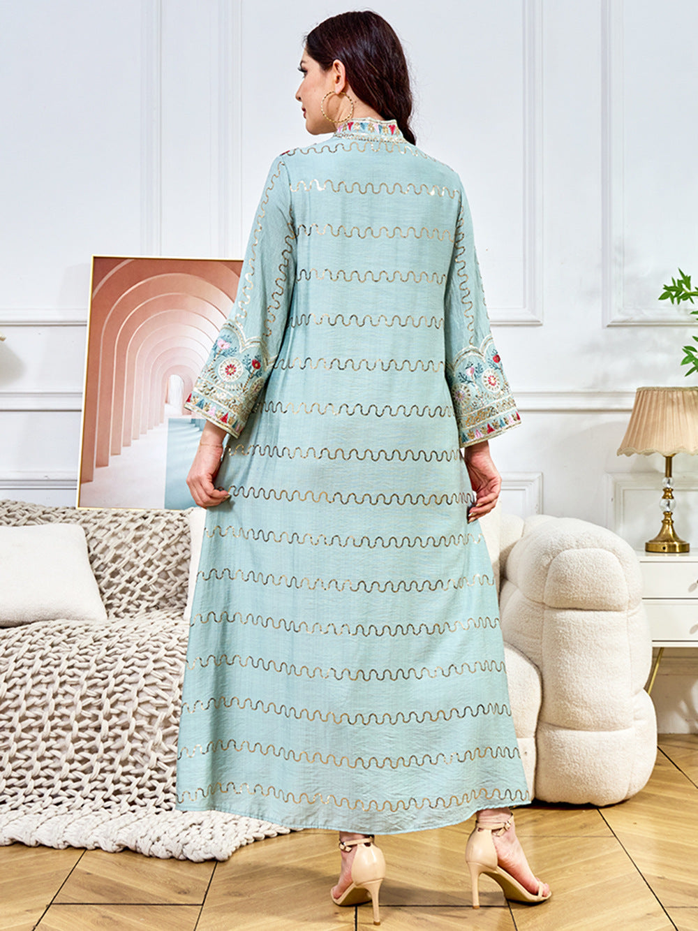 Floral Embroidered Sequin-Trimmed Abaya Maxi Dress