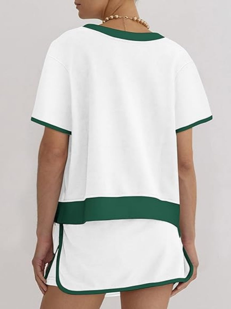 Contrast Trim Short Sleeve Top &amp; Mini Skirt Two-Piece Set