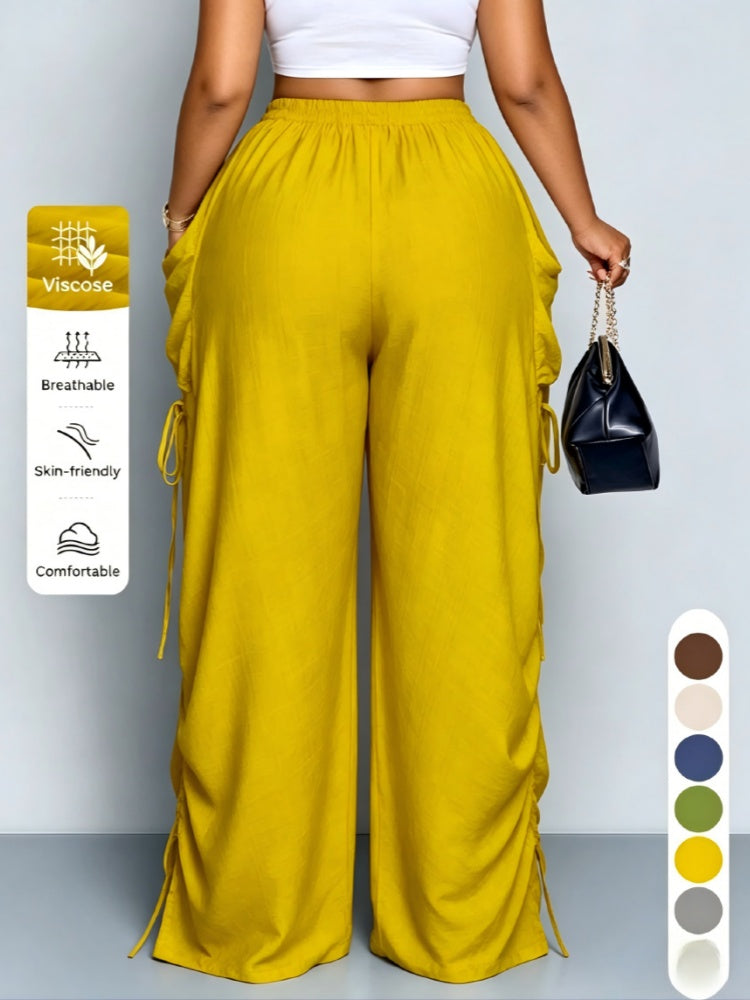 Plus Size Drawstring Ruched Wide Leg Cargo Pants with Pockets