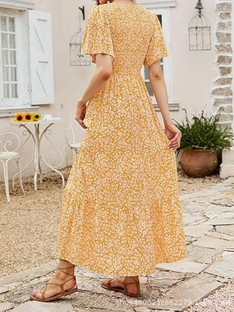 Floral Print Flutter Sleeve Tiered Maxi Dress