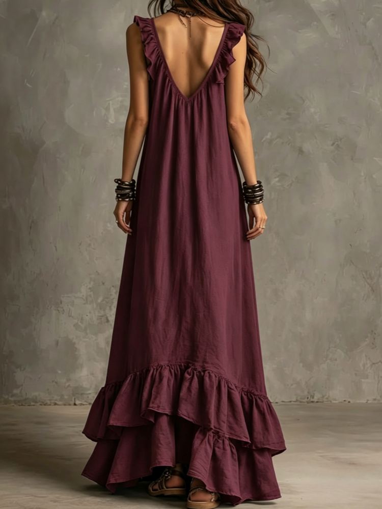 Boho Ruffled V-Neck Maxi Dress