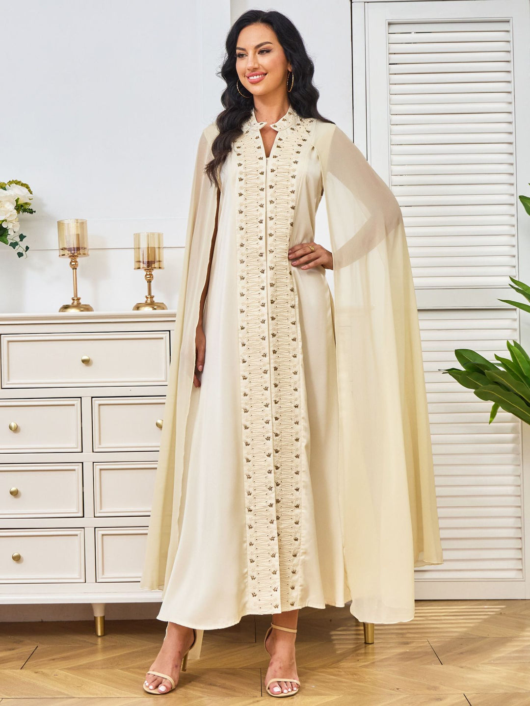 Beige Cape-Sleeve Abaya Maxi Dress with Beaded Embroidery