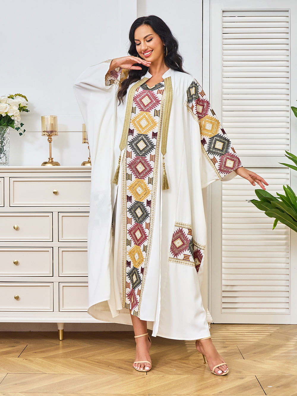 Geometric Embroidered Open-Front Abaya with Inner Dress
