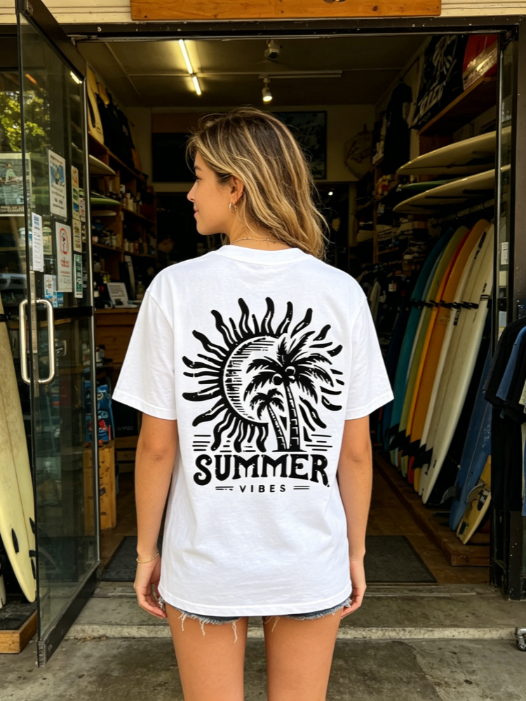 Summer Vibes Sun &amp; Palm Print V-Neck T-Shirt