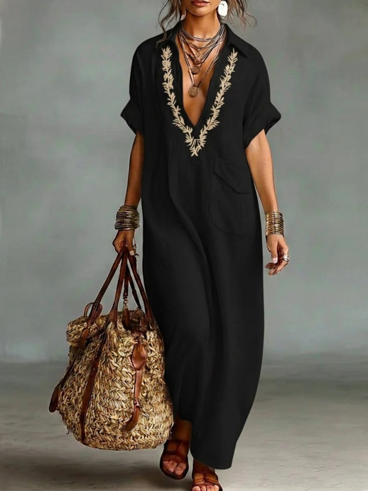Loose-fitting embroidered collar cotton linen pocket dress