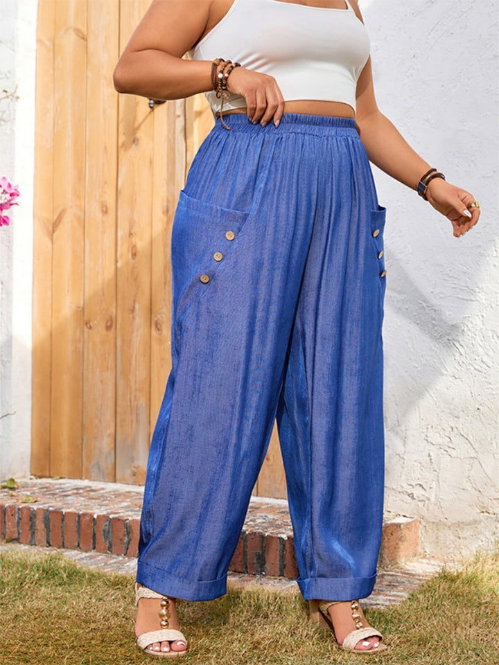 High-Waisted Shiny Blue Harem Pants | Elastic Waist Casual Trousers with Side Buttons
