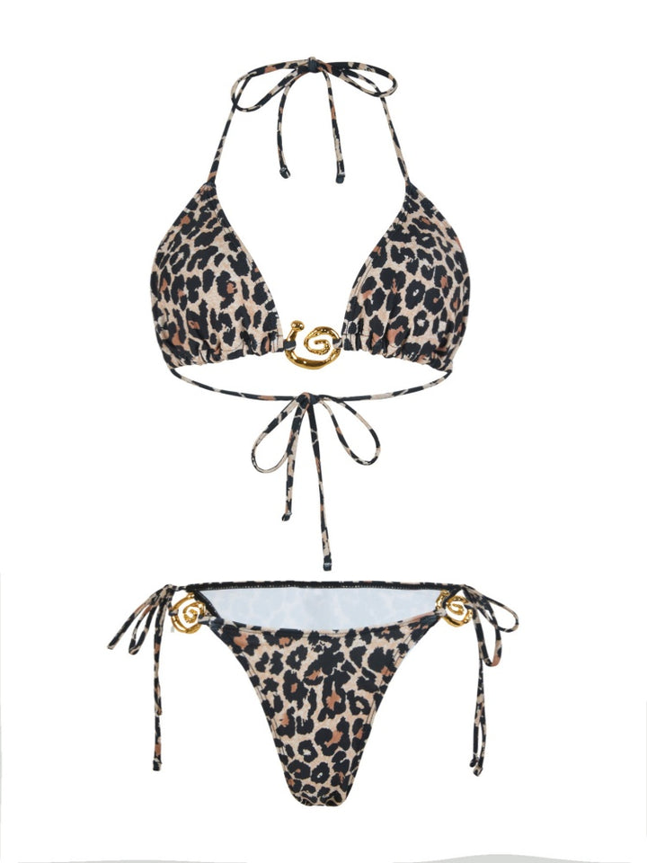 Multi Floral Leopard Print Gold Hardware Halter Bikini Set