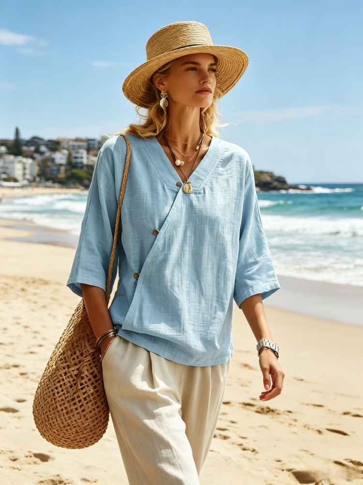 Asymmetric Button Linen Blend Blouse