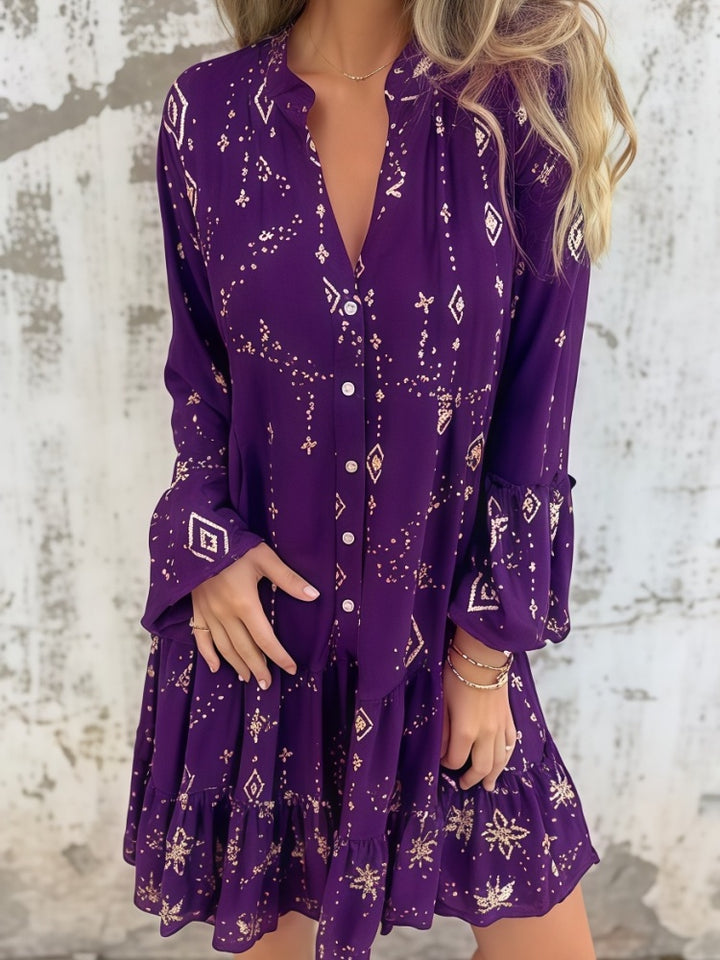 Solid color bell sleeve hollow dress