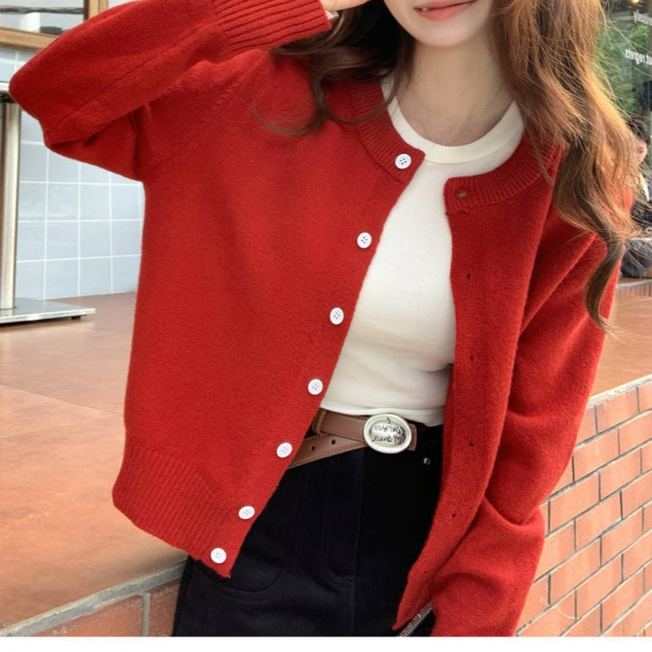 Solid Color Crew Neck Knit Cardigan