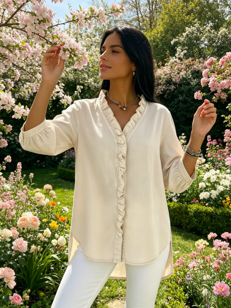 Ruffled V-Neck Denim Button-Down Blouse