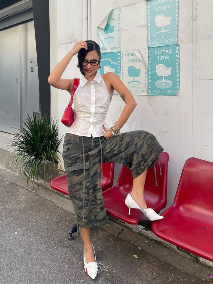 Camouflage Cargo Capri Pants | Drawstring Hem Loose Wide-Leg Shorts