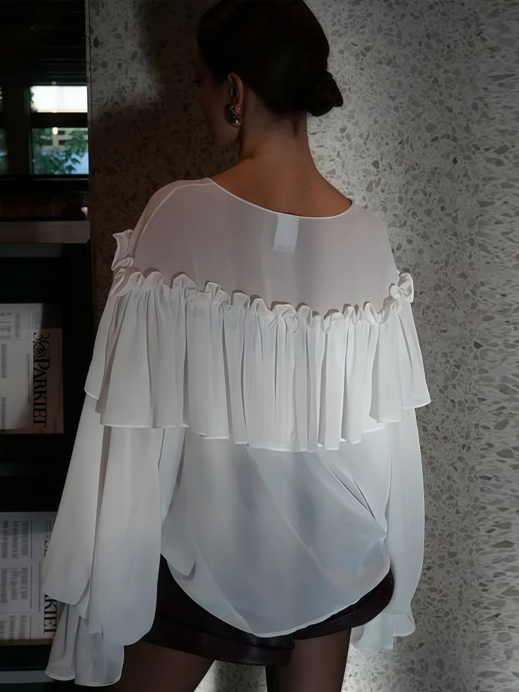 Ruffled V Neck Blouse | Oversized Flared Bell Long Sleeve Loose Chiffon Top