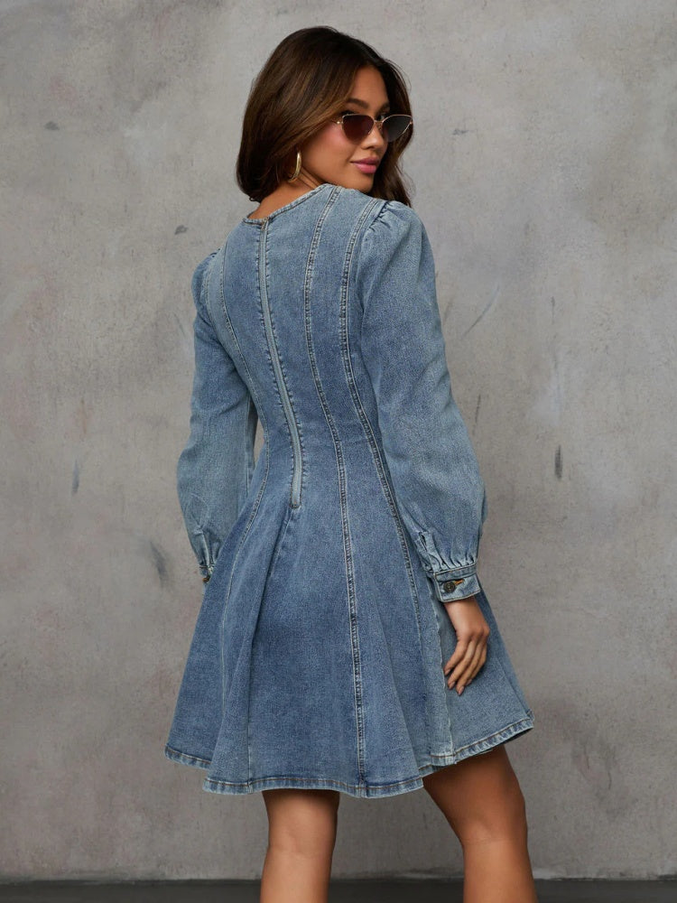 Round Neck Puff Long Sleeve Denim Mini Dress