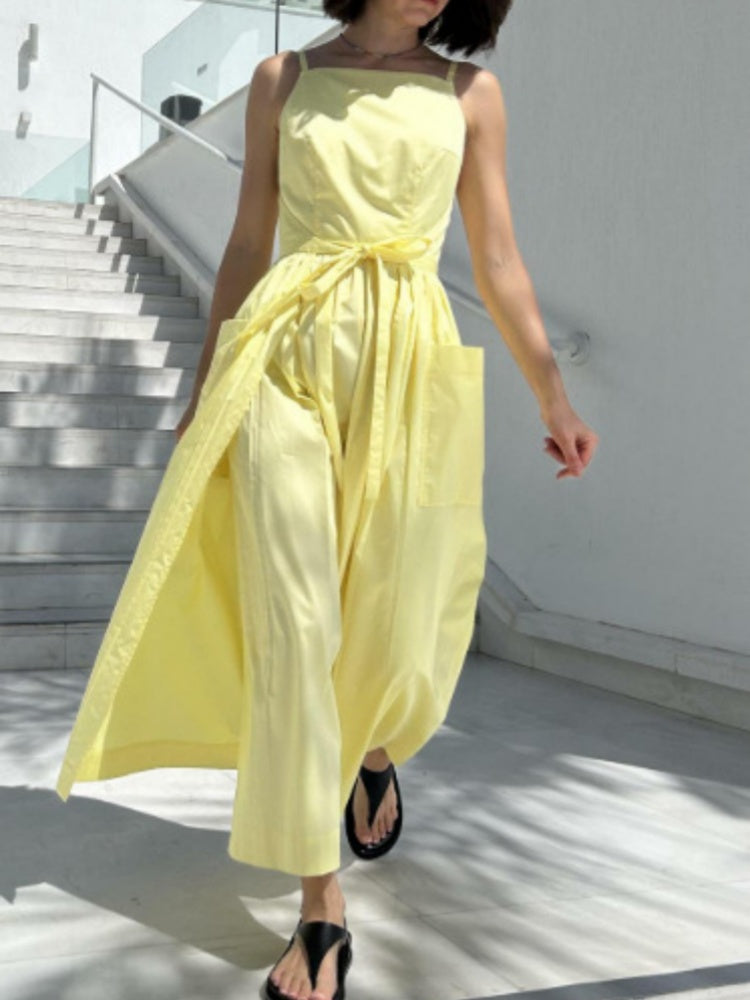 Square Neck Tie Waist Wide Leg Jumpsuit