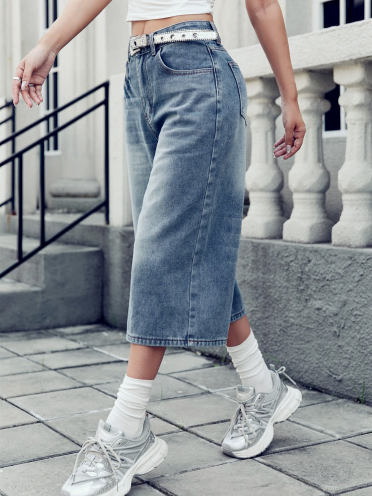 High Waist Washed Wide Leg Cropped Capri Jeans