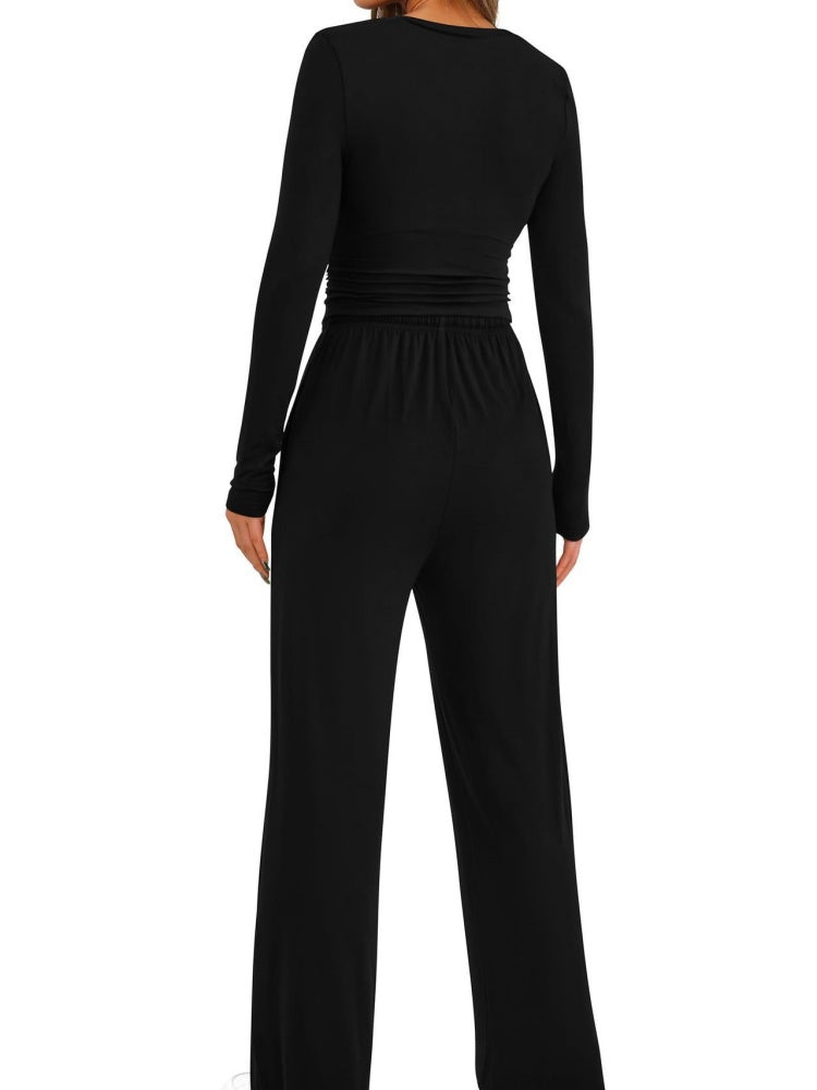 Ruched Long Sleeve Top &amp; Drawstring Wide Leg Pants Set