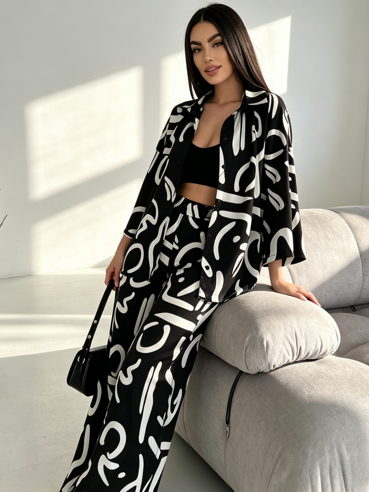 Printed Button-Up Shirt &amp; Wide Leg Pants Set
