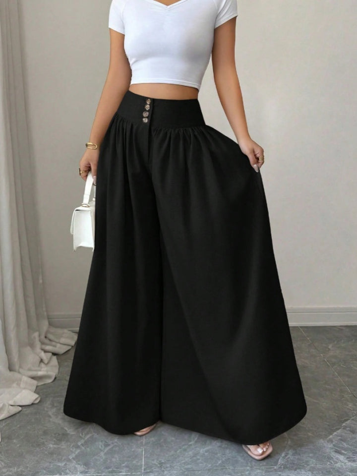 High Waist Button Front Pleated Wide Leg Palazzo Pants