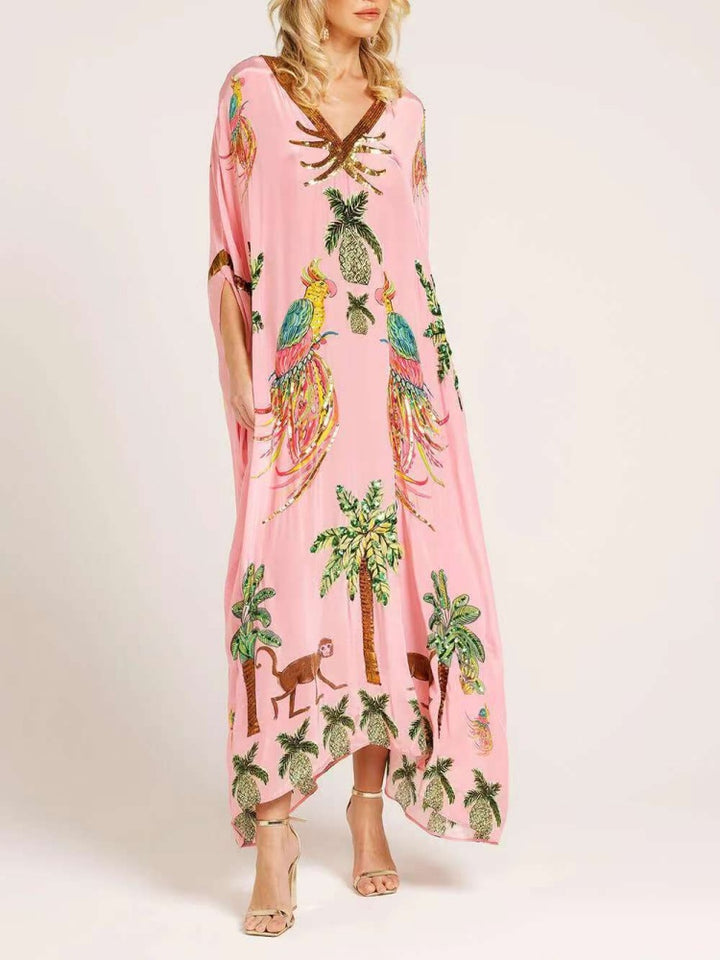 Sequin Tropical Print Kaftan Maxi Dress