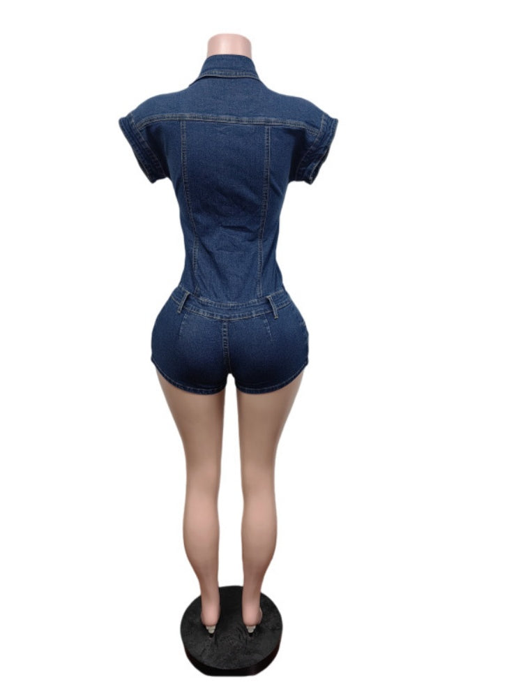 Sleeveless Collar Denim Short Jumpsuit