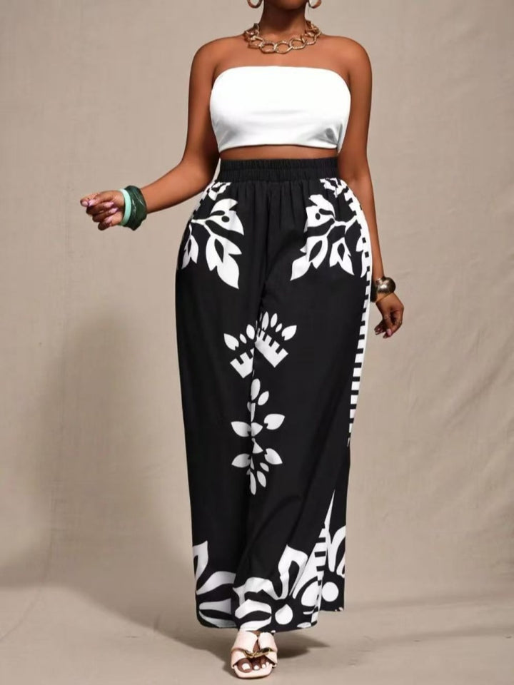 Stylish and elegant bohemian print straight-leg wide-leg trousers
