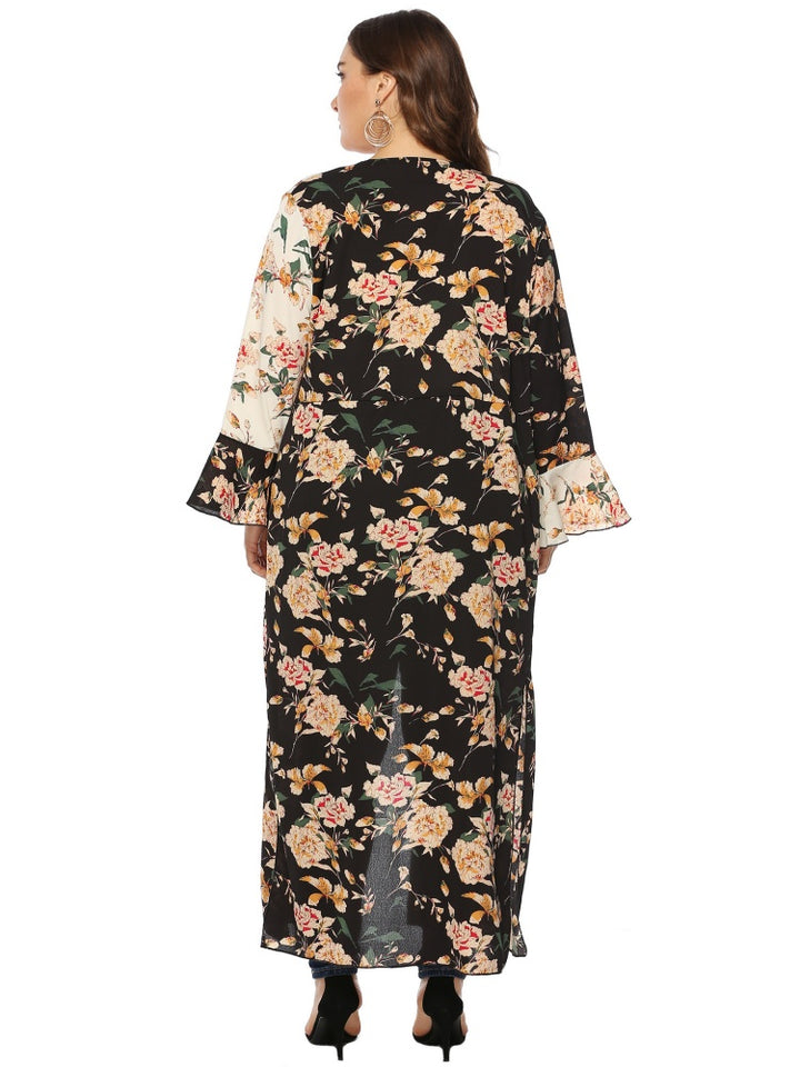 Irregular color-blocked printed ruffle cardigan jacket