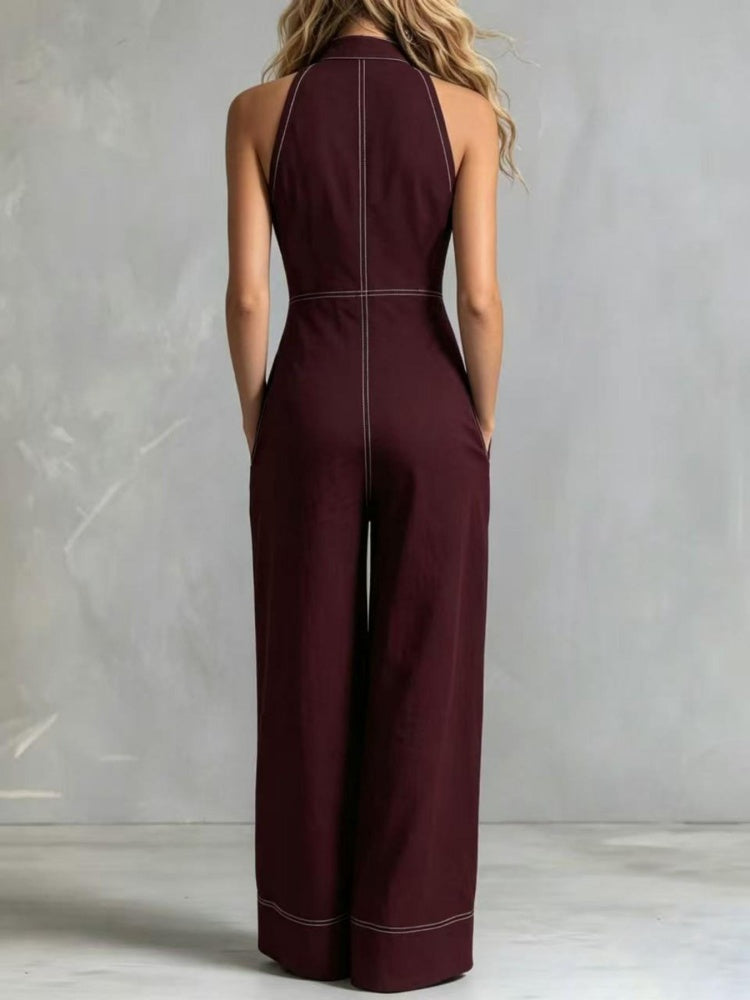 Deep V-neck stand-up collar sleeveless casual jumpsuit