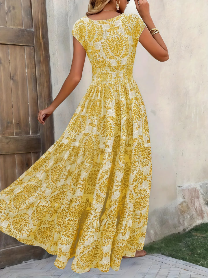 V-neck printed fitted waist maxi dress