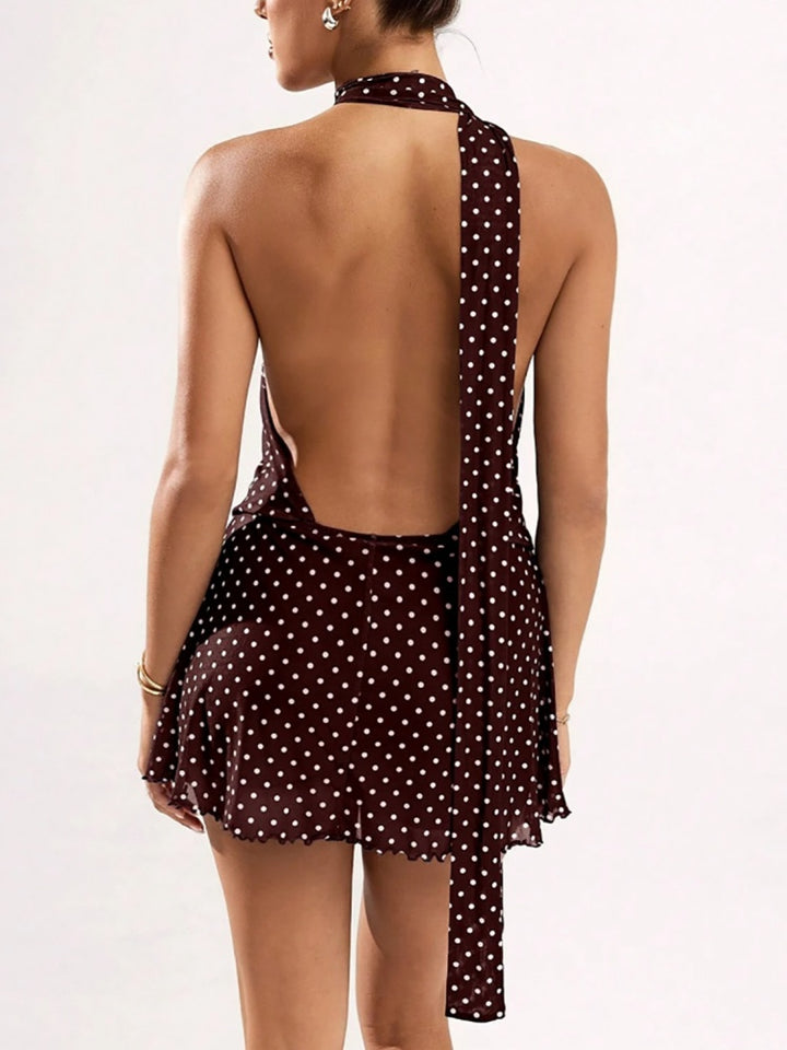Sleeveless halter neck fitted waist mesh dress