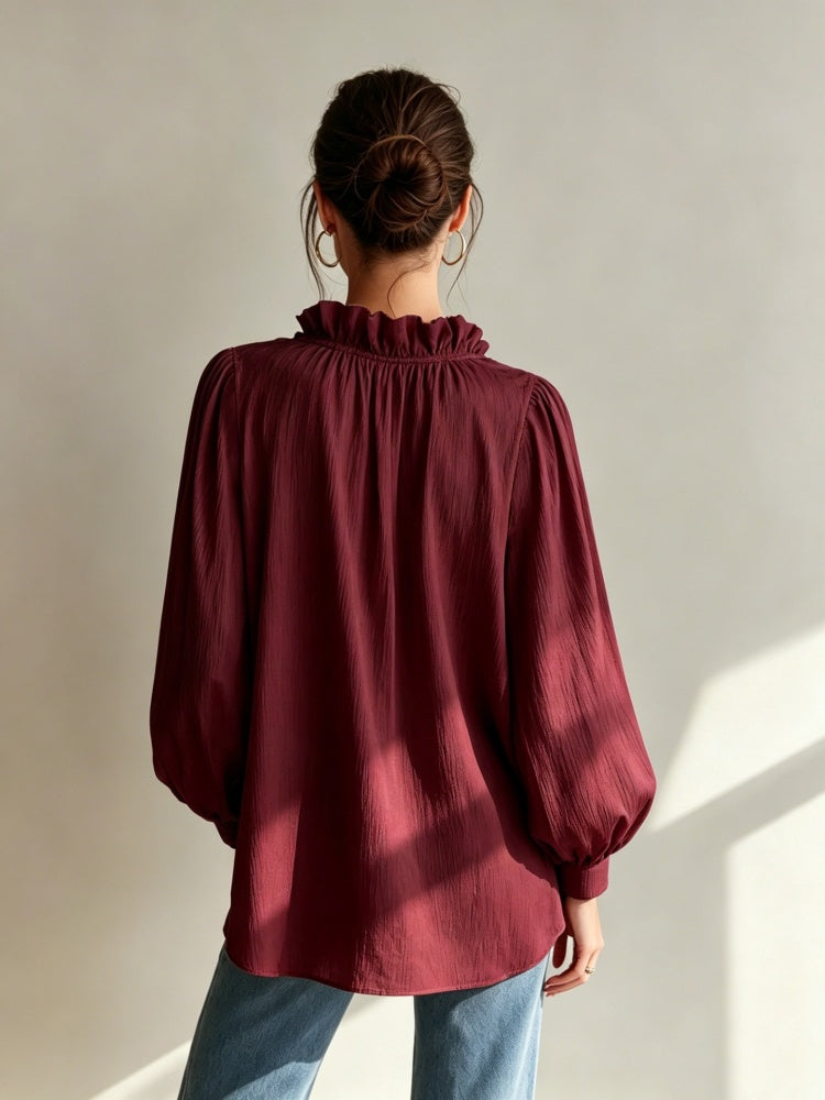 Loose-fit ruffled V-neck puff-sleeve shirt