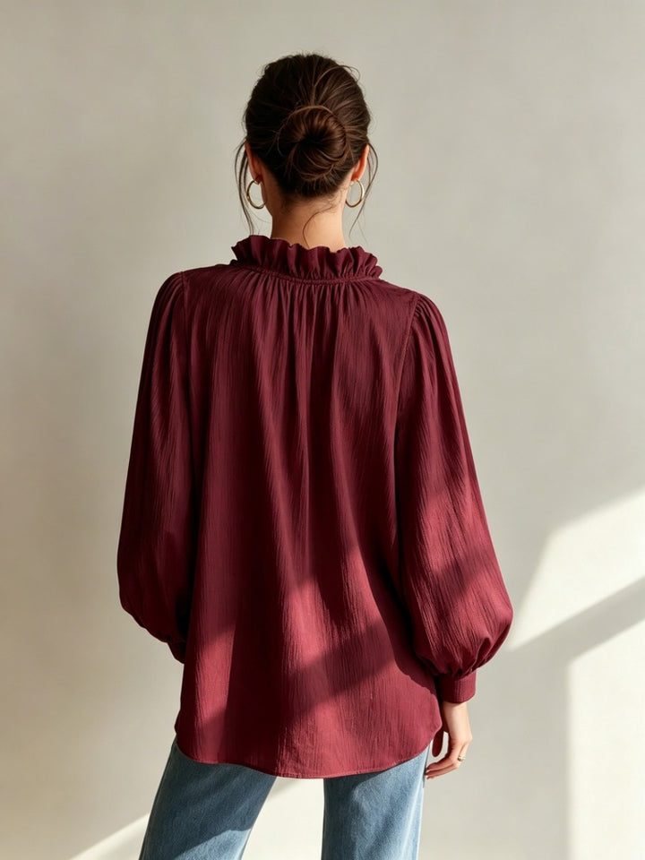 Loose-fit ruffled V-neck puff-sleeve shirt