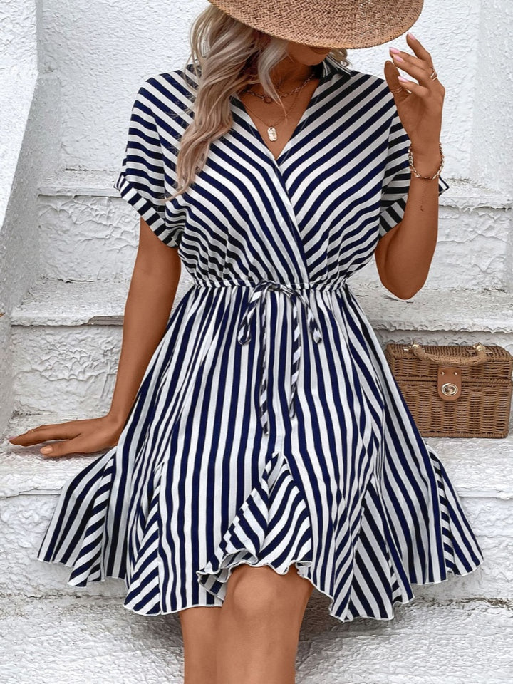 Versatile Drawstring Waist Striped Shirt Dress
