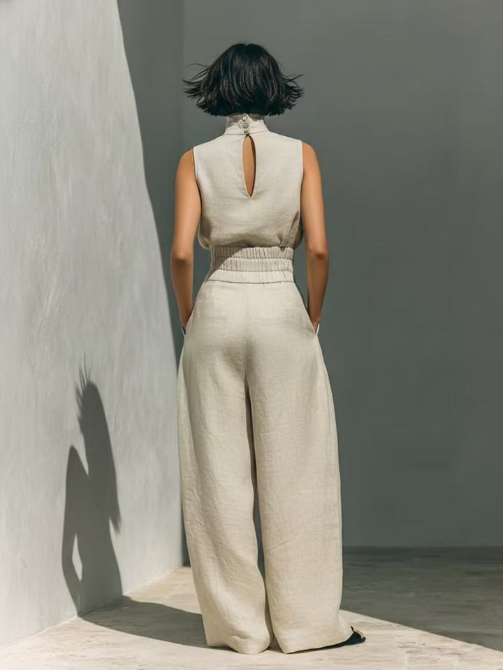 Solid color cotton linen sleeveless casual suit