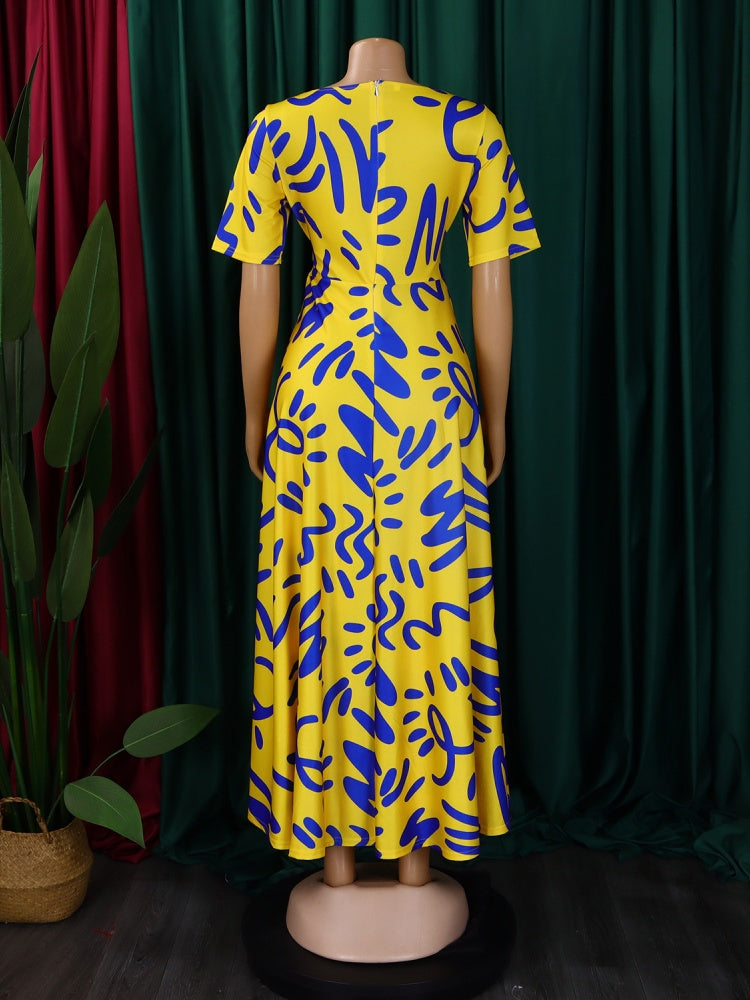 Graffiti Print Belted A-Line Maxi Dress