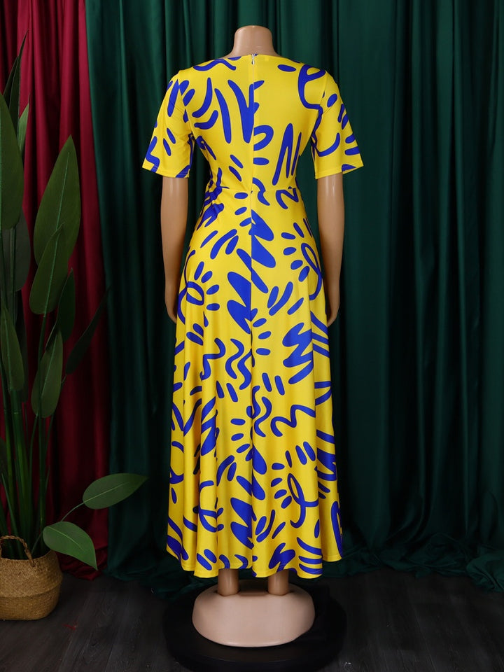 Graffiti Print Belted A-Line Maxi Dress