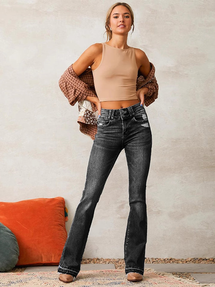 Retro ripped denim flared jeans