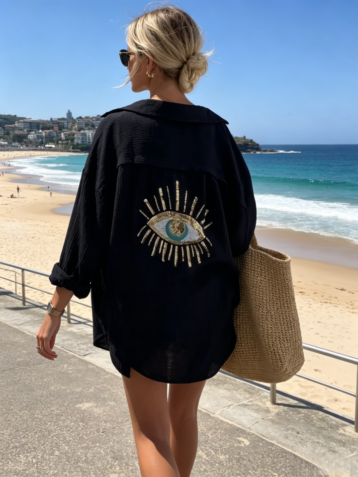 Evil Eye Sequin Print Linen Blend Oversized Shirt